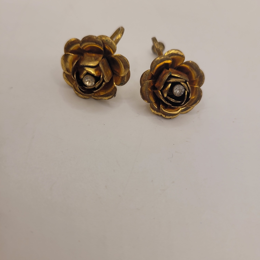 Vintage Brass Screwback Flower Rhinestone Earrings
